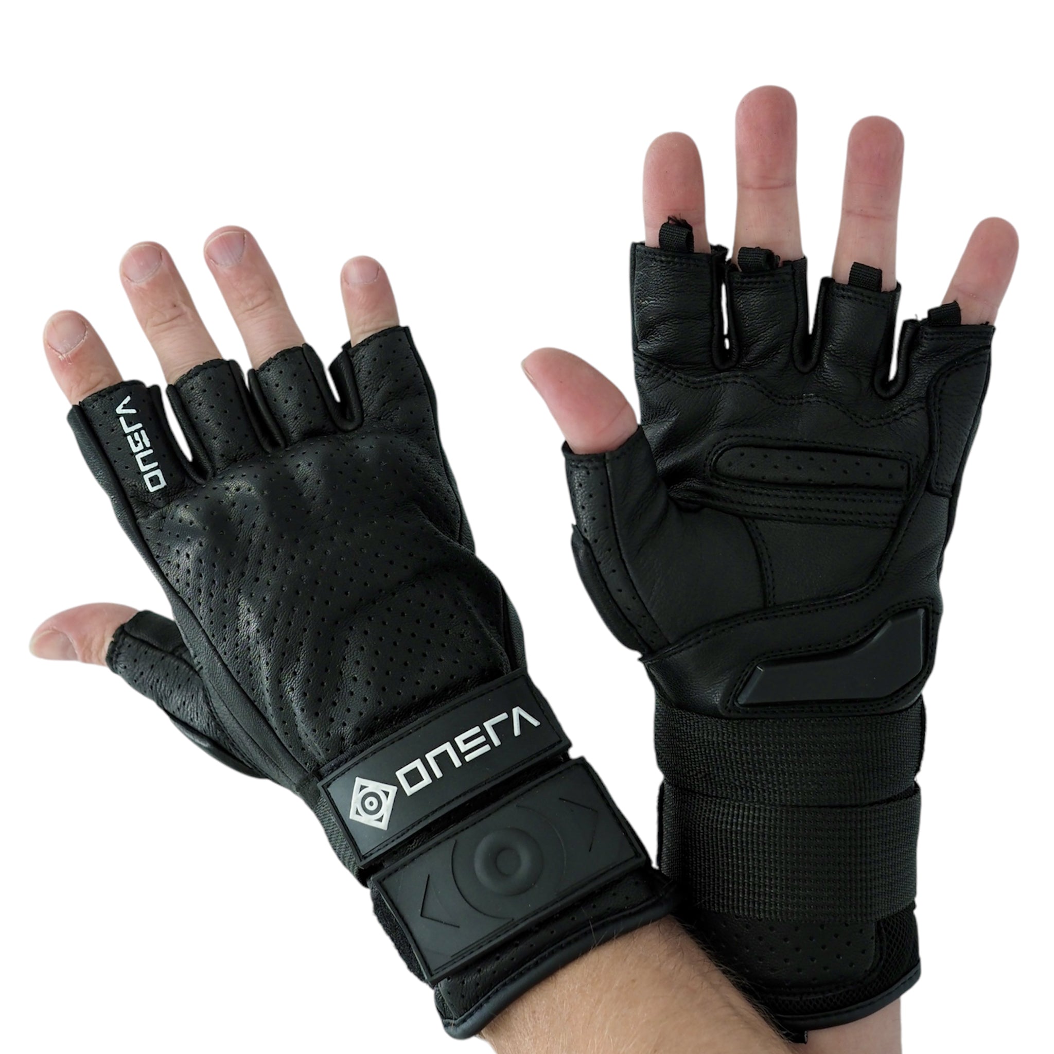 ONSRA Fingerless E-Skate Gloves with palm sliders, wrist protection, knuckle guards, and double wrist straps for electric skateboarders.